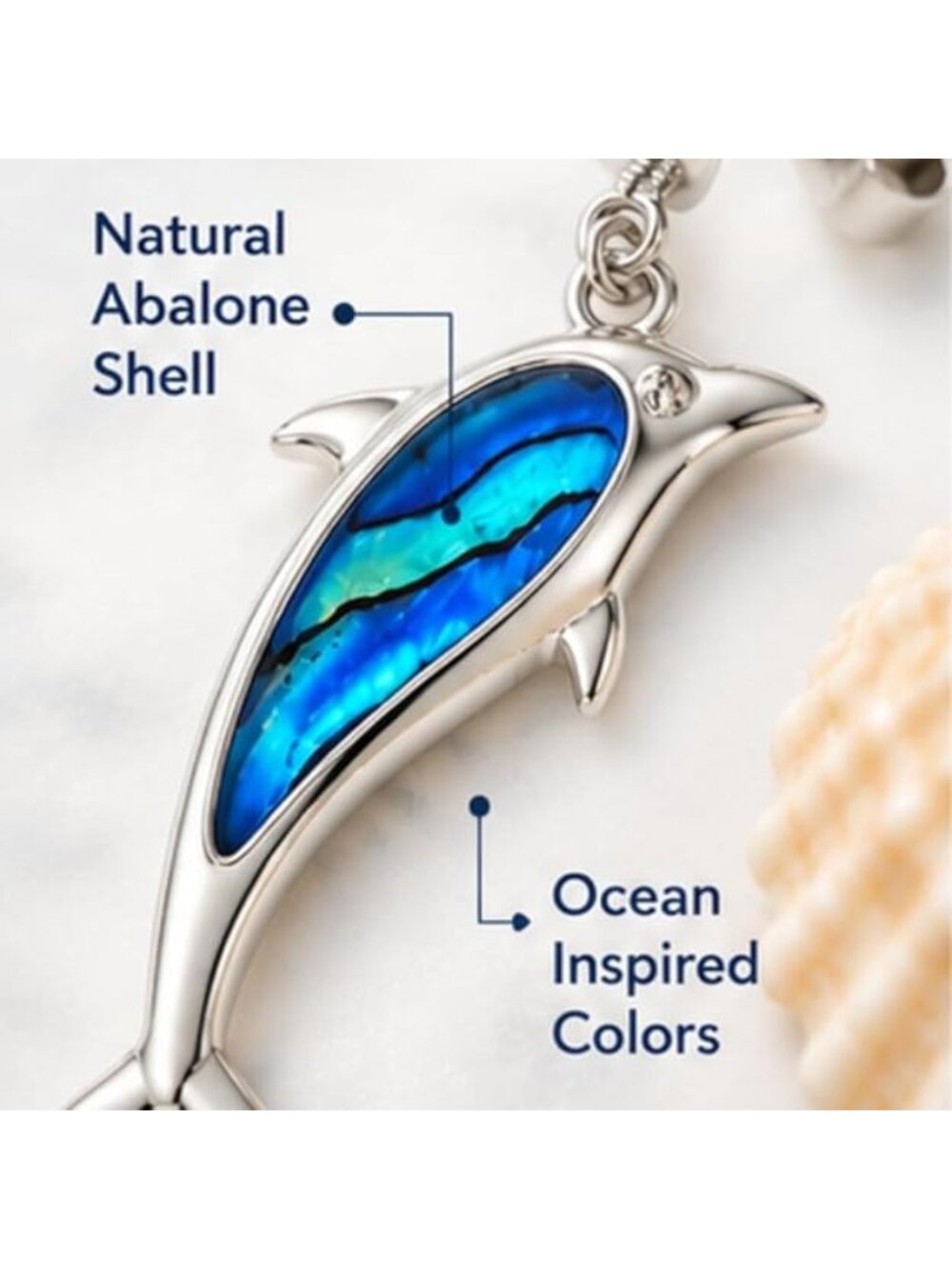 Silver Plated Dolphin Drop Earrings | Blue Abalone Inlay | Pierced Studs - Picture 3 of 7